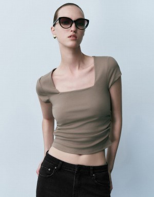 Women's Urban Revivo Square-Cut Collar Skinny Knitted T Shirts Khaki Brown | KLW4674IH