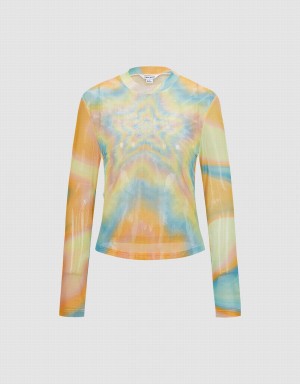 Women's Urban Revivo Star Print Mesh Top T Shirts Orange Multicolor | XKK1775VK