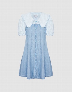 Women's Urban Revivo Statement Collar Button Front Spliced Denim Dress Blue | WFQ3548KJ