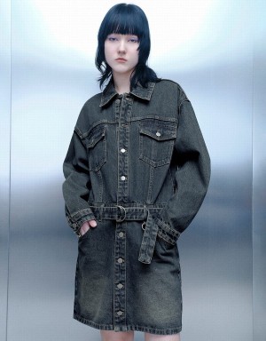 Women's Urban Revivo Straight Denim With Belt Dress Blue | HVH8437AC