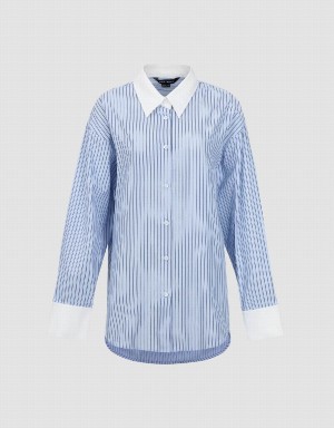 Women's Urban Revivo Striped Button Up Lapel Shirts Blue | ZVT4157IO