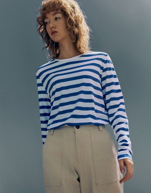 Women's Urban Revivo Striped Crew Neck Knitted T Shirts Blue | GWM7874KU