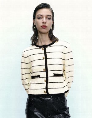 Women's Urban Revivo Striped Crew Neck Knitted With Fake Pockets Cardigan Black | STP7811JJ