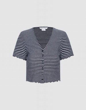 Women's Urban Revivo Striped Crop T Shirts Grey | TZY278EJ