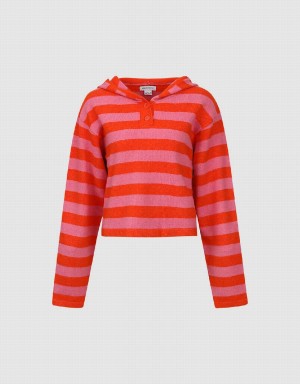 Women's Urban Revivo Striped Hooded Knitted Cardigan Pink | BKL9550FO