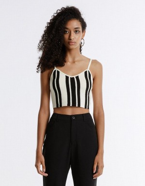 Women's Urban Revivo Striped Knitted Camisole Cardigan Black White | NXS5259OO