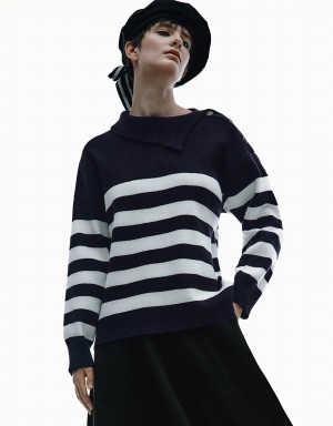 Women's Urban Revivo Striped Knitted Cardigan Blue | AUE1772FN