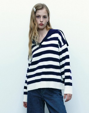 Women's Urban Revivo Striped Lapel Knitted Cardigan Blue | KUV10016DC