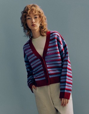 Women's Urban Revivo Striped V-Neck Knitted Cardigan Red | DRB3346LV