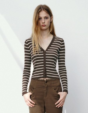 Women's Urban Revivo Striped V-Neck Knitted Cardigan Dark Brown | NEN3661EO