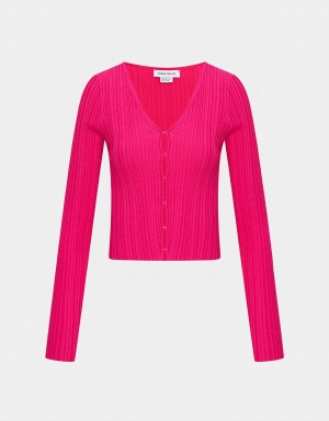 Women's Urban Revivo Textured Rib Knit Cardigan Rose Red | GQX795GO