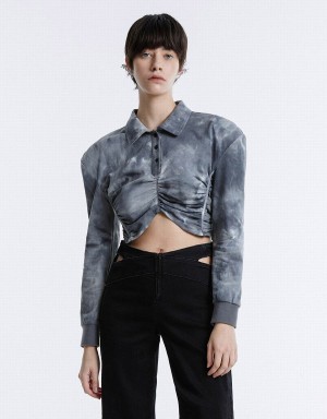 Women's Urban Revivo Tie-Dye Ruched Crop Blouse Grey | KEZ9176GO