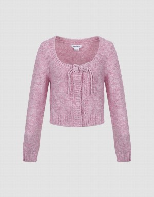 Women's Urban Revivo Tie Front Crew Neck Knitted Cardigan Pink | YHX2347PH