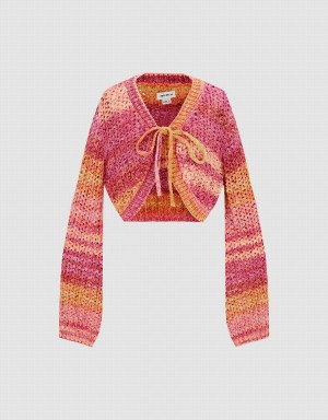 Women's Urban Revivo Tie Front Striped Knitted Cardigan Pink Multicolor | OKU10075WM