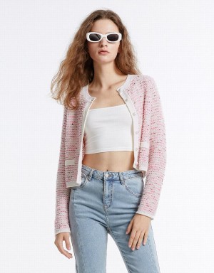 Women's Urban Revivo Tweed Cardigan Pink | LOV429KR