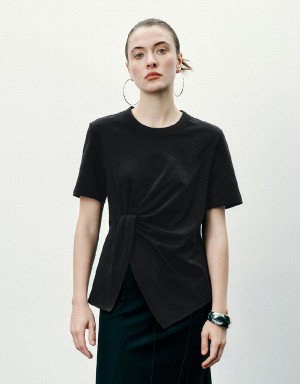 Women's Urban Revivo Twist Side Crew Neck T Shirts Black | BTQ4790TJ