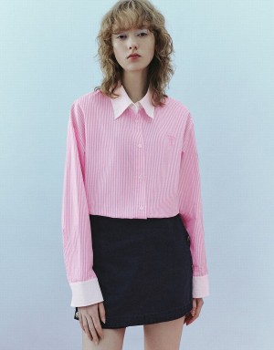 Women's Urban Revivo Two Toned Striped Straight Shirts Pink | HLQ7791CA