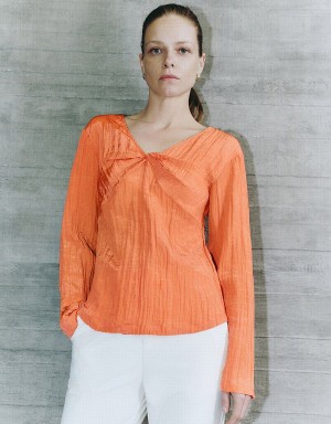 Women's Urban Revivo V-Neck Overhead Blouse Orange | EVR9687PC