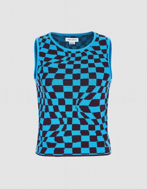 Women's Urban Revivo Wavy Checkered Knitted Tank Top Blue | KBZ6121SX