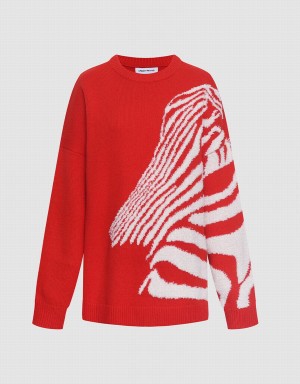 Women's Urban Revivo Zebra Striped Crew Neck Sweaters Red | YKN4153VT