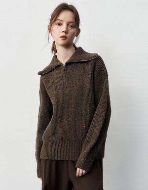 Women's Urban Revivo Zip Half Placket Oversized Sweaters Dark Brown | RJG7190OI