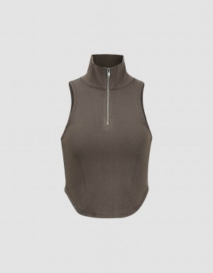 Women's Urban Revivo Zip Half Placket Tank Top Dark Grey | ZQQ989EK