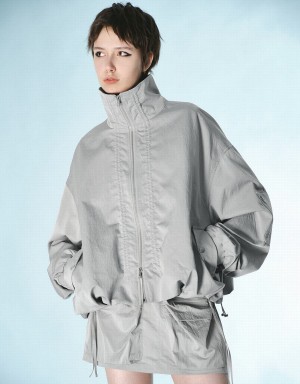 Women's Urban Revivo Zipper Front Drop Shoulder Sleeve Jackets Light Grey | KWT9359VN