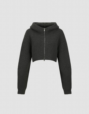 Women's Urban Revivo Zipper Front Hooded Knitted Cardigan Grey | KEC2448RM