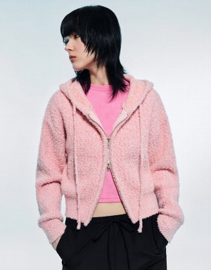 Women's Urban Revivo Zipper Front Hooded Knitted Cardigan Pink | BUP3162EQ