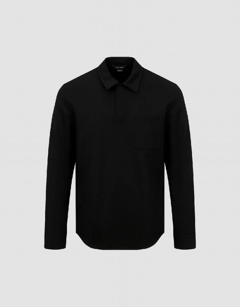 Men's Urban Revivo Button Half Placket Straight Polo Shirts Black | KPK3449MB