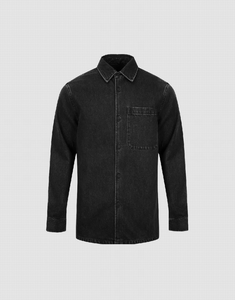 Men's Urban Revivo Button Up Denim Shirts Dark Grey | VTS9458TK