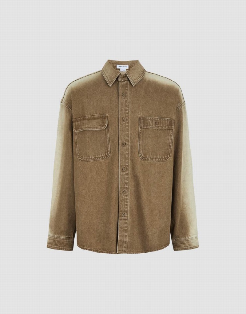 Men's Urban Revivo Button Up Denim Shirts Khaki | ZZS485WX