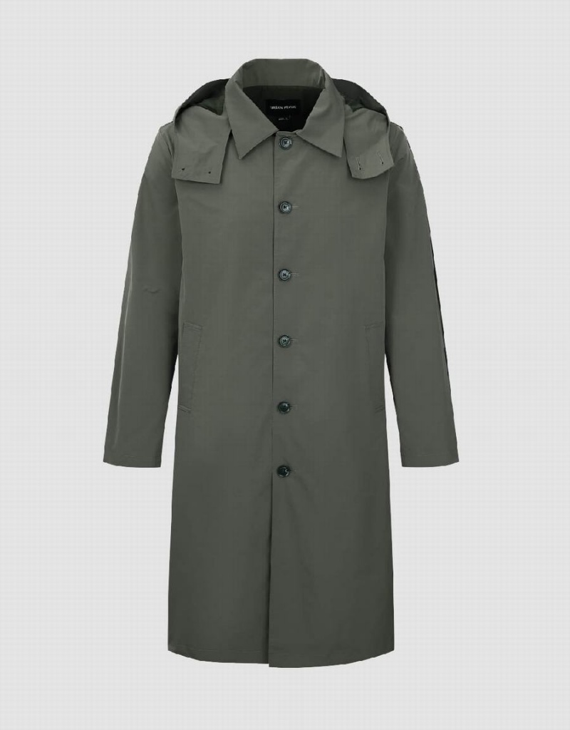 Men's Urban Revivo Button Up Hooded Trench Trench Coat Green | HVF8775WD