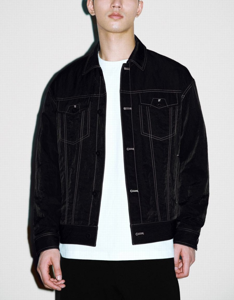 Men's Urban Revivo Button Up Loose Jackets Black | LMS2939BC