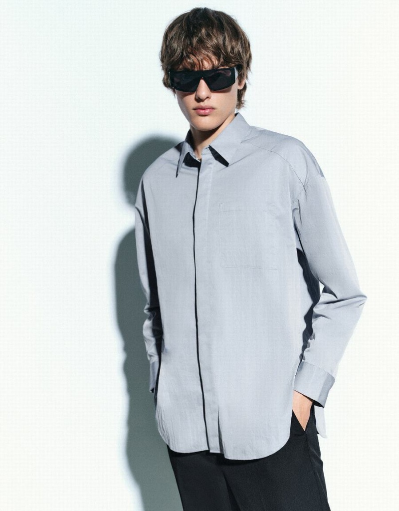 Men's Urban Revivo Button Up Loose Shirts Blue | KUX6189RG