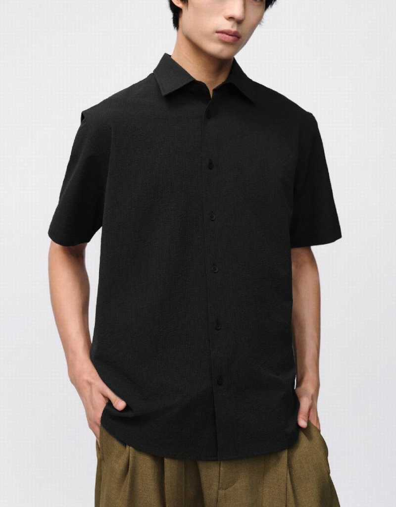 Men's Urban Revivo Button Up Loose Shirts Black | RZI6451UM