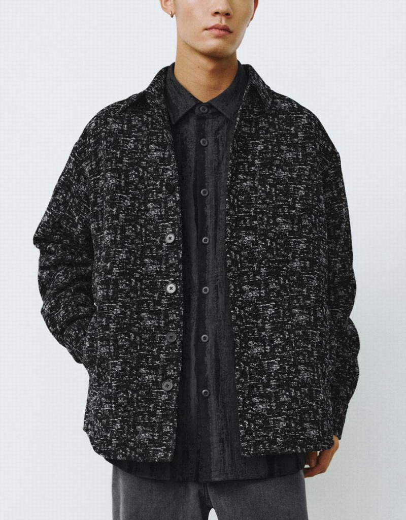 Men's Urban Revivo Button Up Printed Jackets Black | UQE386QN