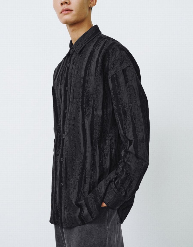 Men's Urban Revivo Button Up Printed Loose Shirts Black | GIT5628CY