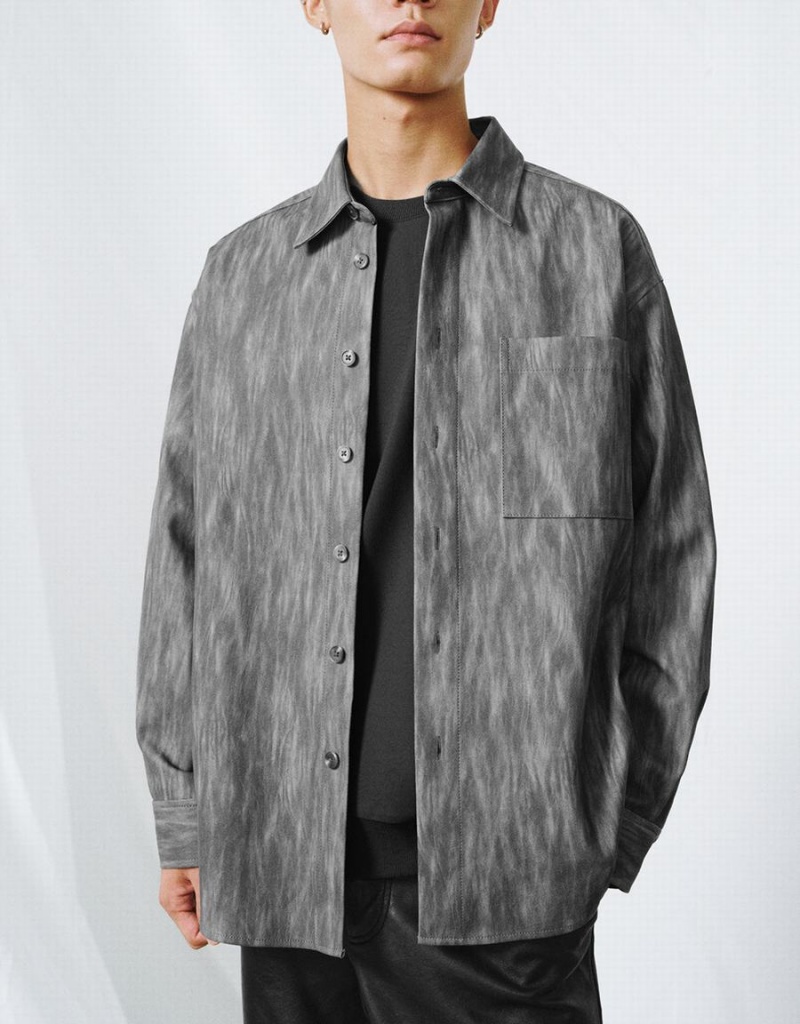 Men's Urban Revivo Button Up Printed Shirts Grey | BXV2526AQ