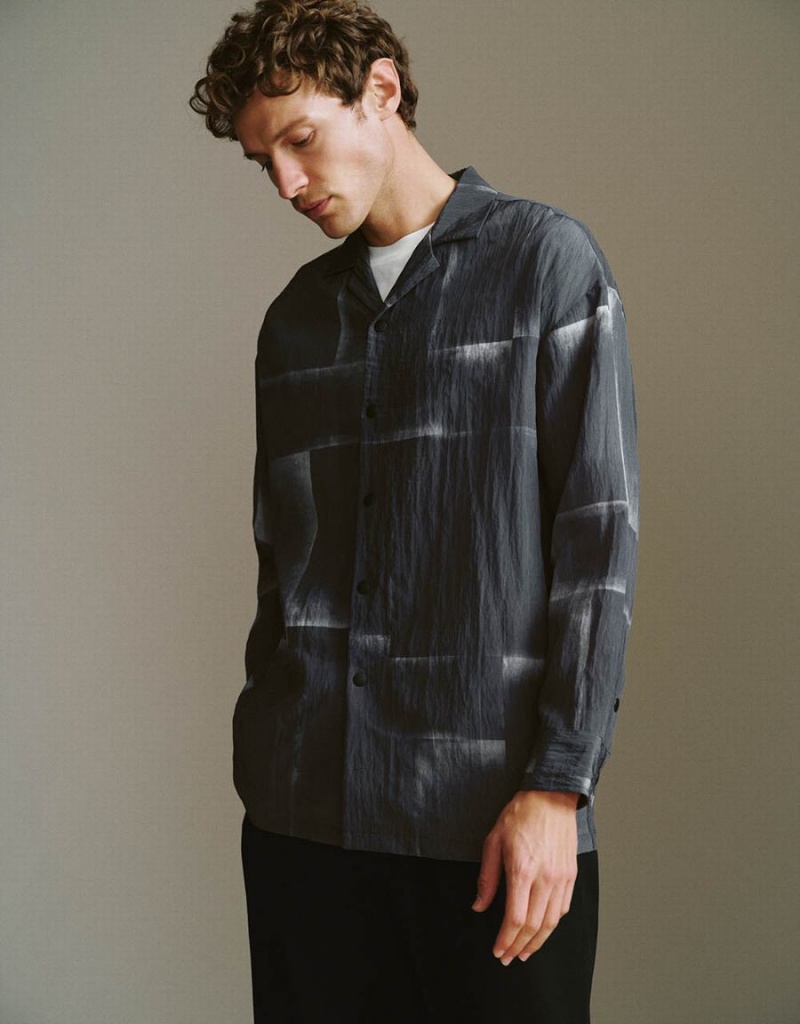 Men's Urban Revivo Button Up Straight Loose Shirts Grey | TKQ314IK