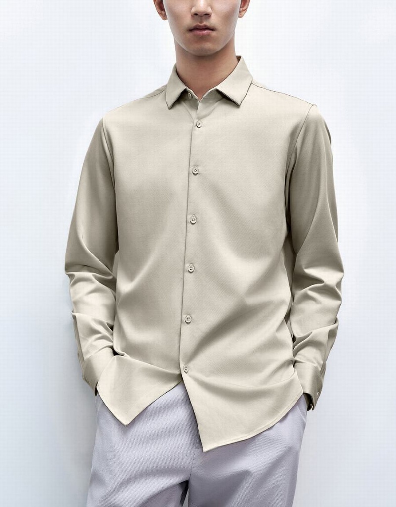 Men's Urban Revivo Button Up Straight Shirts Khaki | XLD2460FE