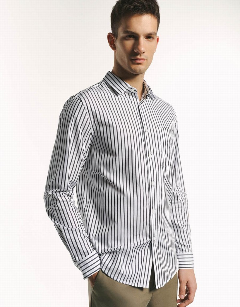 Men's Urban Revivo Button Up Striped Shirts Grey | XIE7433JK