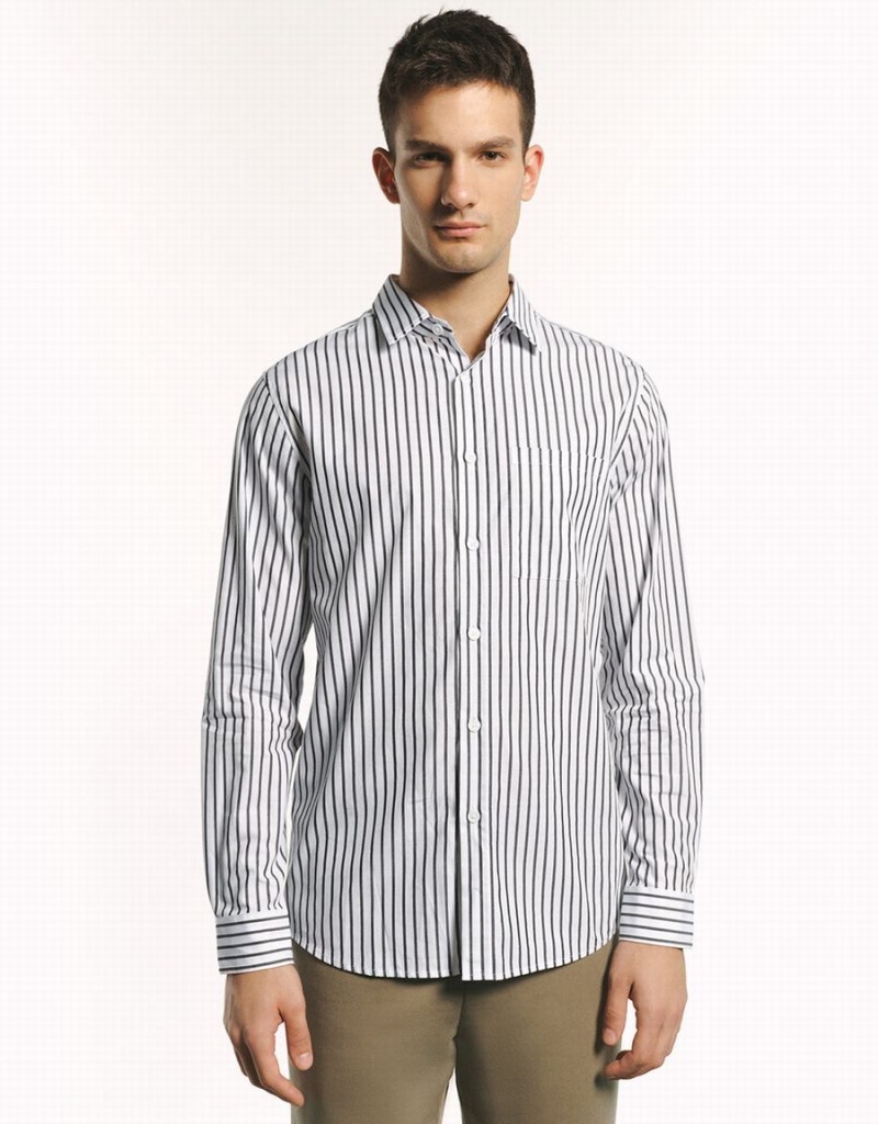 Men\'s Urban Revivo Button Up Striped Shirts Grey | XIE7433JK