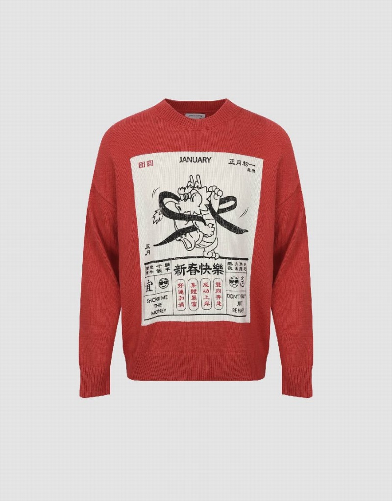 Men's Urban Revivo Calendar Printed Sweaters Red | QGA7599WF