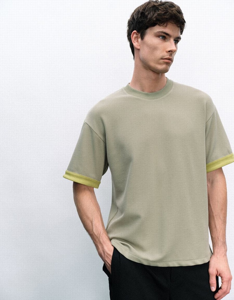 Men's Urban Revivo Crew Neck Knitted T Shirts Green | LDD874UZ