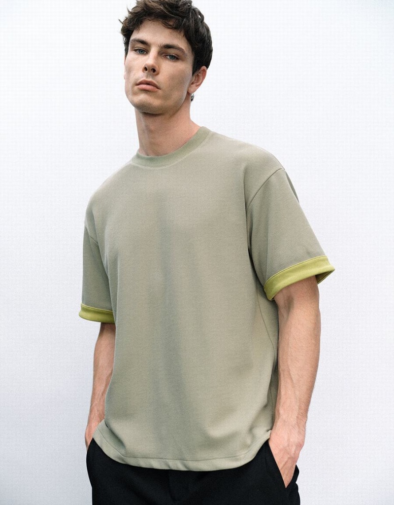 Men\'s Urban Revivo Crew Neck Knitted T Shirts Green | LDD874UZ