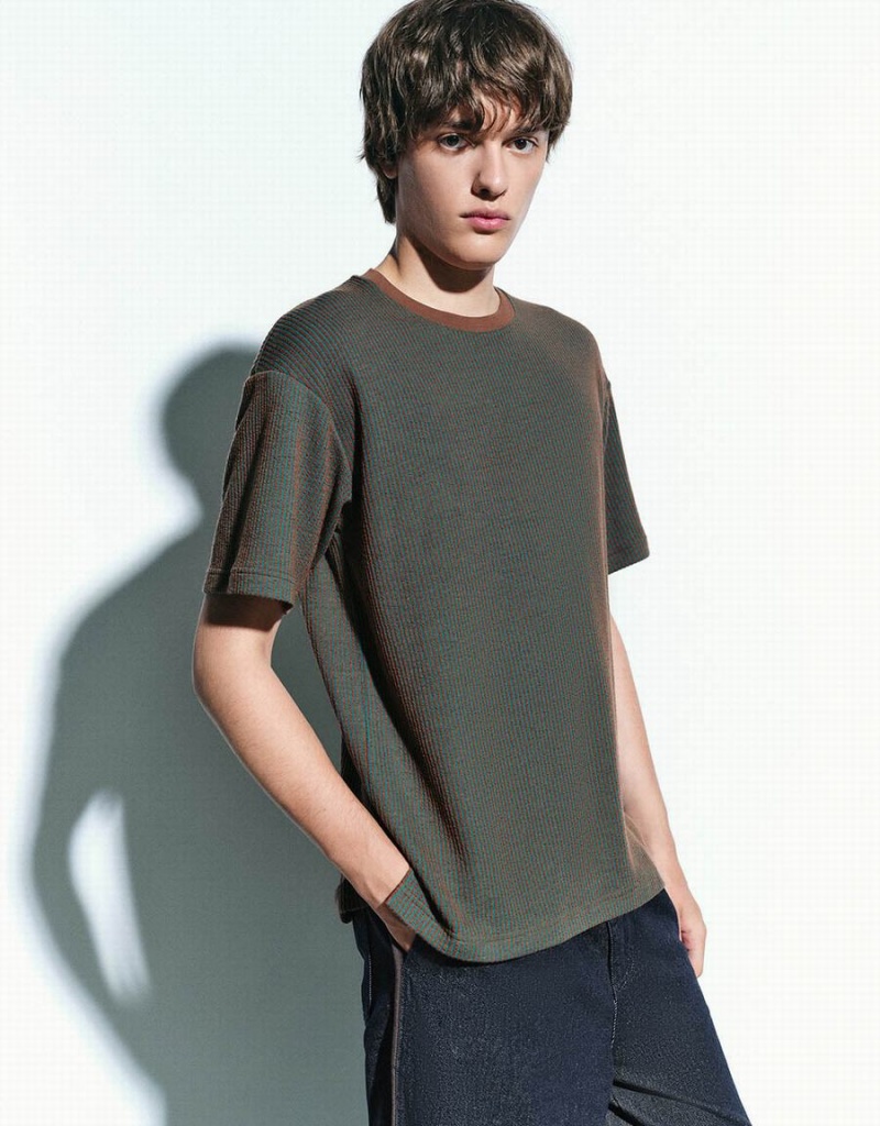 Men's Urban Revivo Crew Neck Knitted T Shirts Green | MIE6376XU