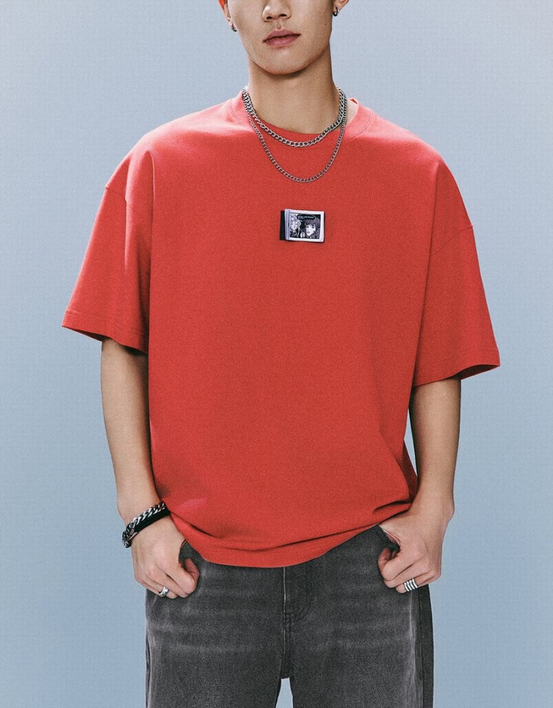 Men's Urban Revivo Crew Neck Loose T Shirts Red | IWO9084ME