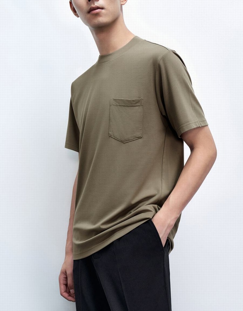 Men's Urban Revivo Crew Neck Loose T Shirts Khaki | KKF2782TK