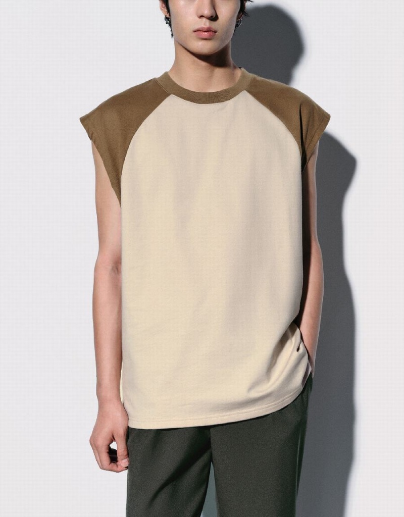 Men's Urban Revivo Crew Neck Loose Tank Top Light Khaki | OVJ8476TD